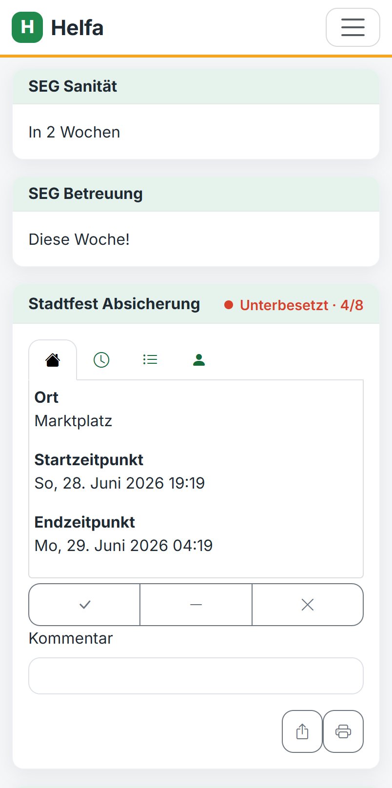 Helfa auf dem Smartphone: Einsatz noch nicht zugesagt — Status rot, unterbesetzt