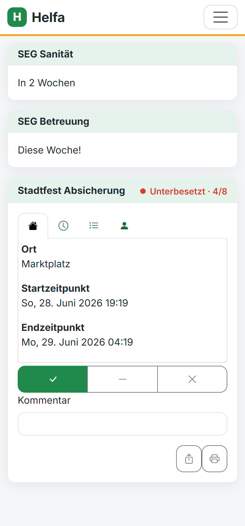 Helfa-Ampel auf dem Smartphone: Zusage, offen und Absage als große Touch-Buttons