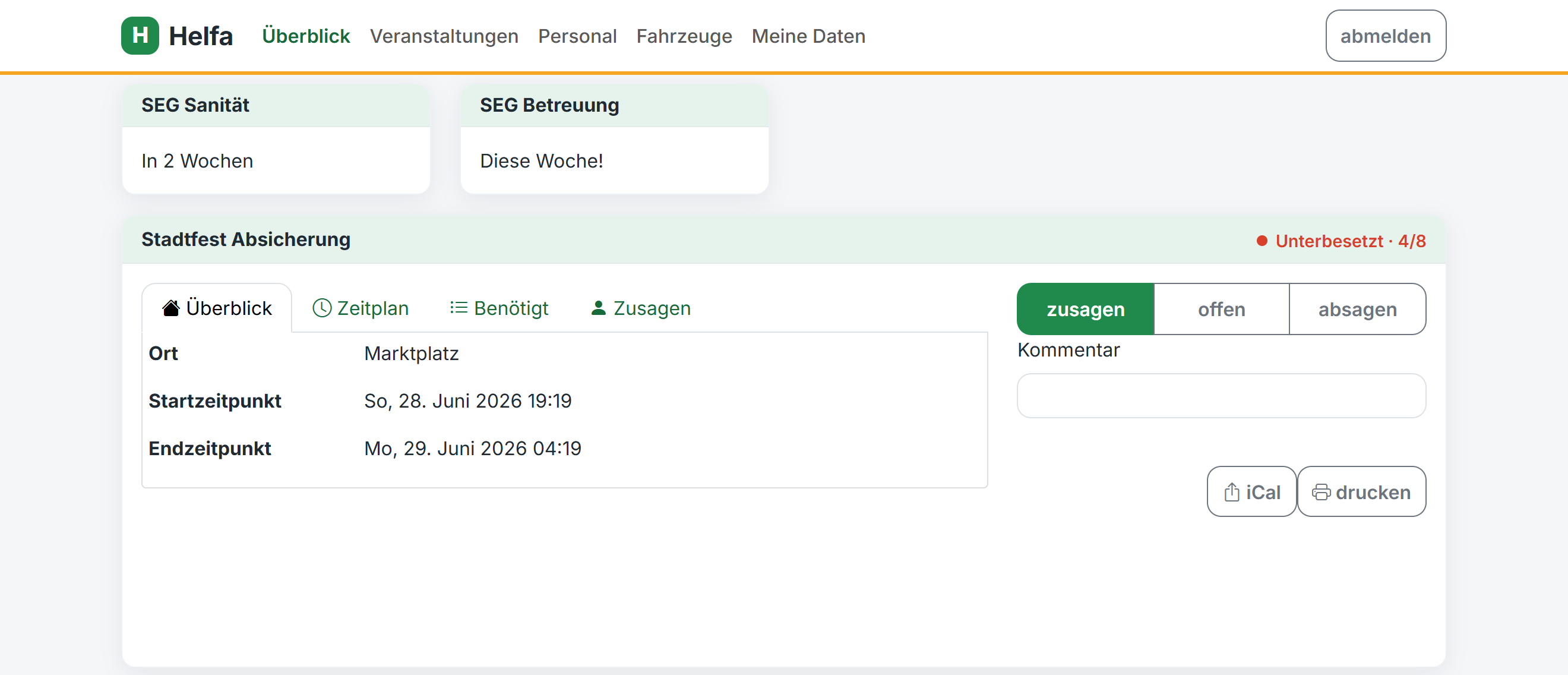 Helfa-Einsatz: Tabs Überblick, Zeitplan und Benötigt wechseln sich ab